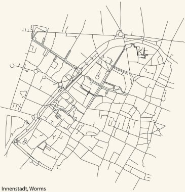 Alman Worms kasabası INNENSTADT DISTRICT 'in şehir caddeleri haritası, Almanya' nın klasik bej arkaplan üzerine ayrıntılı navigasyon siyah hatları