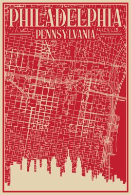 Şehir merkezindeki PHILADELPHIA, PENNSYLVANIA 'nın, vurgulanmış klasik şehir silueti ve harfleriyle el yapımı posteri.