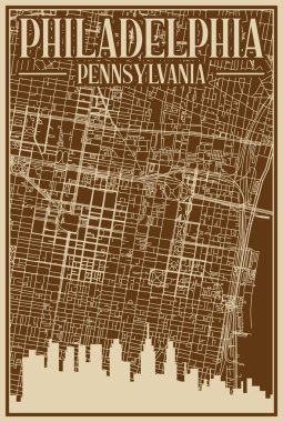 Şehir merkezindeki PHILADELPHIA, PENNSYLVANIA 'nın vurgulanmış klasik şehir silueti ve harfleri ile el yapımı kahverengi çerçeveli posteri.