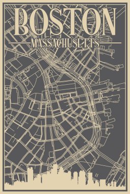 BÜSTON 'un el yapımı gri çerçeveli posteri, vurgulanmış klasik şehir silueti ve harfleri ile MASSACHUSETTS