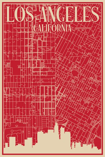 Red Hand Drawn Framed Poster Downtown Los Angeles California Highlighted —  Vetores de Stock