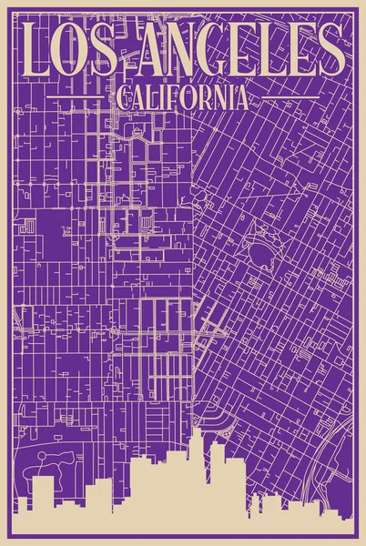 Purple Hand Drawn Framed Poster Downtown Los Angeles California Highlighted — 스톡 벡터