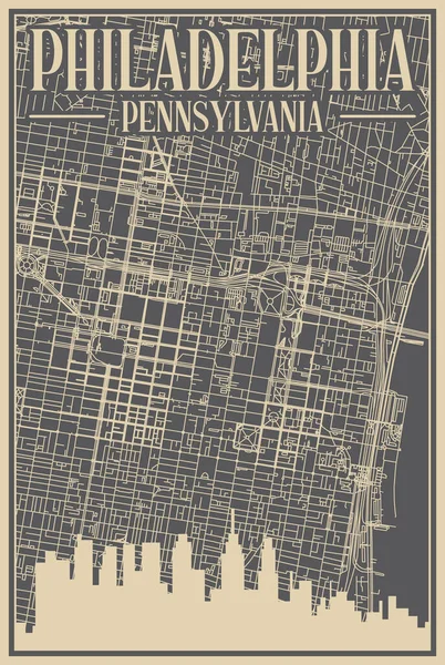 Grey Hand Drawn Framed Poster Downtown Philadelphia Pennsylvania Highlighted Vintage — 스톡 벡터