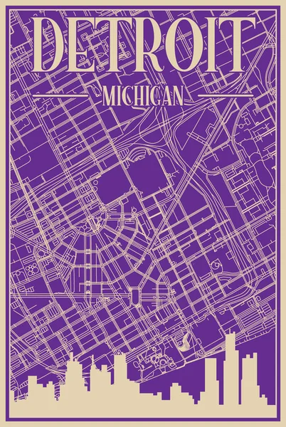 Purple Hand Drawn Framed Poster Downtown Detroit Michigan Highlighted Vintage —  Vetores de Stock