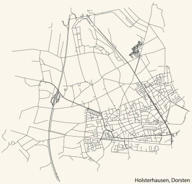 Detailed navigation black lines urban street roads map of the HOLSTERHAUSEN DISTRICT of the German town of DORSTEN, Germany on vintage beige background