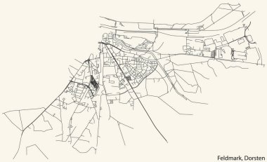 Detailed navigation black lines urban street roads map of the FELDMARK DISTRICT of the German town of DORSTEN, Germany on vintage beige background