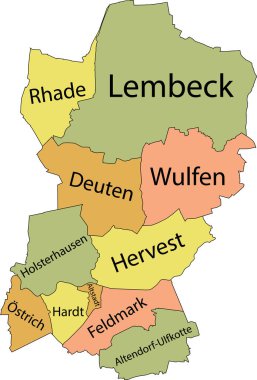 Pastel flat vector administrative map of DORSTEN, GERMANY with name tags and black border lines of its districts
