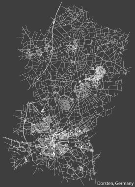 Detailed negative navigation white lines urban street roads map of the German town of DORSTEN, GERMANY on dark gray background