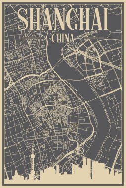 Grey hand-drawn framed poster of the downtown SHANGHAI, CHINA with highlighted vintage city skyline and lettering