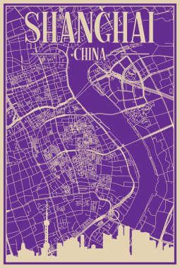 Purple hand-drawn framed poster of the downtown SHANGHAI, CHINA with highlighted vintage city skyline and lettering
