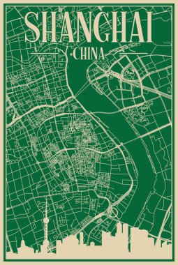 Green hand-drawn framed poster of the downtown SHANGHAI, CHINA with highlighted vintage city skyline and lettering