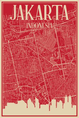 Red hand-drawn framed poster of the downtown JAKARTA, INDONESIA with highlighted vintage city skyline and lettering