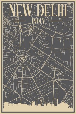 Grey hand-drawn framed poster of the downtown NEW DELHI, INDIA with highlighted vintage city skyline and lettering