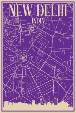 Purple hand-drawn framed poster of the downtown NEW DELHI, INDIA with highlighted vintage city skyline and lettering