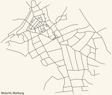 Detailed navigation black lines urban street roads map of the MOISCHT DISTRICT of the German town of MARBURG, Germany on vintage beige background