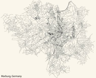 Detailed navigation black lines urban street roads map of the German town of MARBURG, GERMANY on vintage beige background