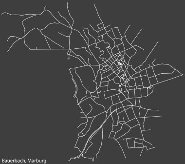 Detailed negative navigation white lines urban street roads map of the BAUERBACH DISTRICT of the German town of MARBURG, Germany on dark gray background