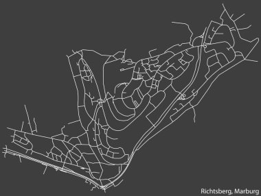Detailed negative navigation white lines urban street roads map of the RICHTSBERG DISTRICT of the German town of MARBURG, Germany on dark gray background