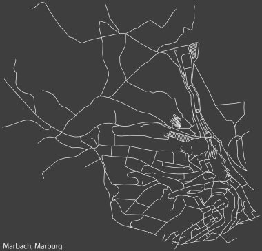 Detailed negative navigation white lines urban street roads map of the MARBACH DISTRICT of the German town of MARBURG, Germany on dark gray background