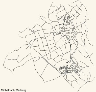 Detailed navigation black lines urban street roads map of the MICHELBACH DISTRICT of the German town of MARBURG, Germany on vintage beige background