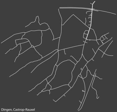 Detailed negative navigation white lines urban street roads map of the DINGEN DISTRICT of the German town of CASTROP-RAUXEL, Germany on dark gray background