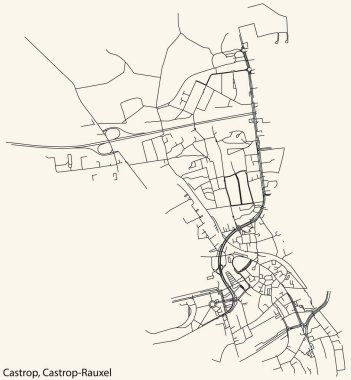 Detailed navigation black lines urban street roads map of the CASTROP DISTRICT of the German town of CASTROP-RAUXEL, Germany on vintage beige background