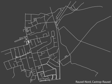 Detailed negative navigation white lines urban street roads map of the RAUXEL NORD DISTRICT of the German town of CASTROP-RAUXEL, Germany on dark gray background