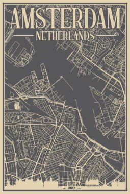Road network poster of the downtown AMSTERDAM, NETHERLANDS