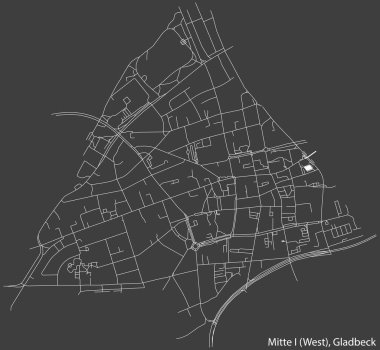 Detailed negative navigation white lines urban street roads map of the MITTE 1 ( WEST) DISTRICT of the German town of GLADBECK, Germany on dark gray background
