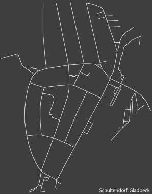 Detailed negative navigation white lines urban street roads map of the SCHULTENDORF DISTRICT of the German town of GLADBECK, Germany on dark gray background