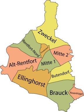 Pastel flat vector administrative map of GLADBECK, GERMANY with name tags and black border lines of its districts