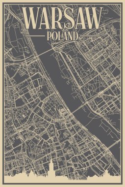 Grey hand-drawn framed poster of the downtown WARSAW, POLAND with highlighted vintage city skyline and lettering