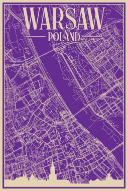 Purple hand-drawn framed poster of the downtown WARSAW, POLAND with highlighted vintage city skyline and lettering