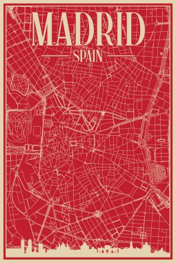 Red hand-drawn framed poster of the downtown MADRID, SPAIN with highlighted vintage city skyline and lettering