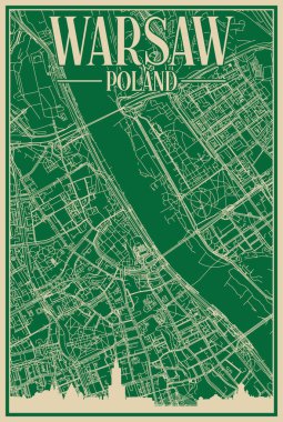 Green hand-drawn framed poster of the downtown WARSAW, POLAND with highlighted vintage city skyline and lettering