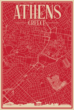 Red hand-drawn framed poster of the downtown ATHENS, GREECE with highlighted vintage city skyline and lettering