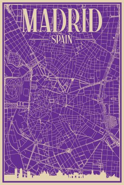 Purple hand-drawn framed poster of the downtown MADRID, SPAIN with highlighted vintage city skyline and lettering