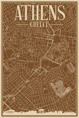 Brown hand-drawn framed poster of the downtown ATHENS, GREECE with highlighted vintage city skyline and lettering