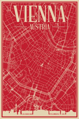 Red hand-drawn framed poster of the downtown VIENNA, AUSTRIA with highlighted vintage city skyline and lettering