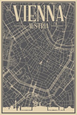 Grey hand-drawn framed poster of the downtown VIENNA, AUSTRIA with highlighted vintage city skyline and lettering