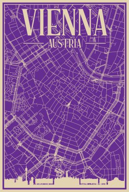Purple hand-drawn framed poster of the downtown VIENNA, AUSTRIA with highlighted vintage city skyline and lettering