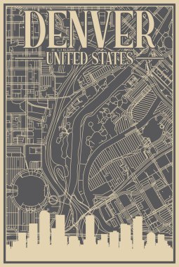 Grey hand-drawn framed poster of the downtown DENVER, UNITED STATES OF AMERICA with highlighted vintage city skyline and lettering