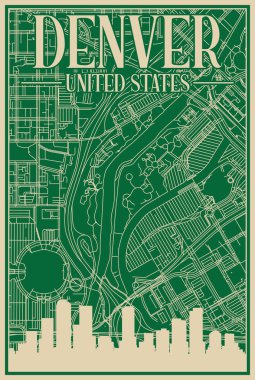 Green hand-drawn framed poster of the downtown DENVER, UNITED STATES OF AMERICA with highlighted vintage city skyline and lettering