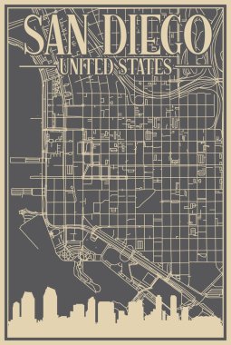 Grey hand-drawn framed poster of the downtown SAN DIEGO, UNITED STATES OF AMERICA with highlighted vintage city skyline and lettering