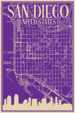 Purple hand-drawn framed poster of the downtown SAN DIEGO, UNITED STATES OF AMERICA with highlighted vintage city skyline and lettering