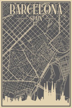 Grey hand-drawn framed poster of the downtown BARCELONA, SPAIN with highlighted vintage city skyline and lettering