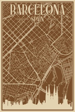 Brown hand-drawn framed poster of the downtown BARCELONA, SPAIN with highlighted vintage city skyline and lettering