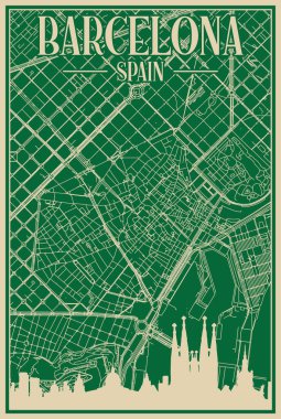 Green hand-drawn framed poster of the downtown BARCELONA, SPAIN with highlighted vintage city skyline and lettering