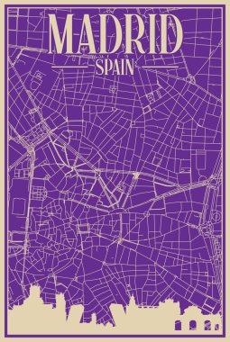 Purple hand-drawn framed poster of the downtown MADRID, SPAIN with highlighted vintage city skyline and lettering