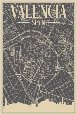 Grey hand-drawn framed poster of the downtown VALENCIA, SPAIN with highlighted vintage city skyline and lettering